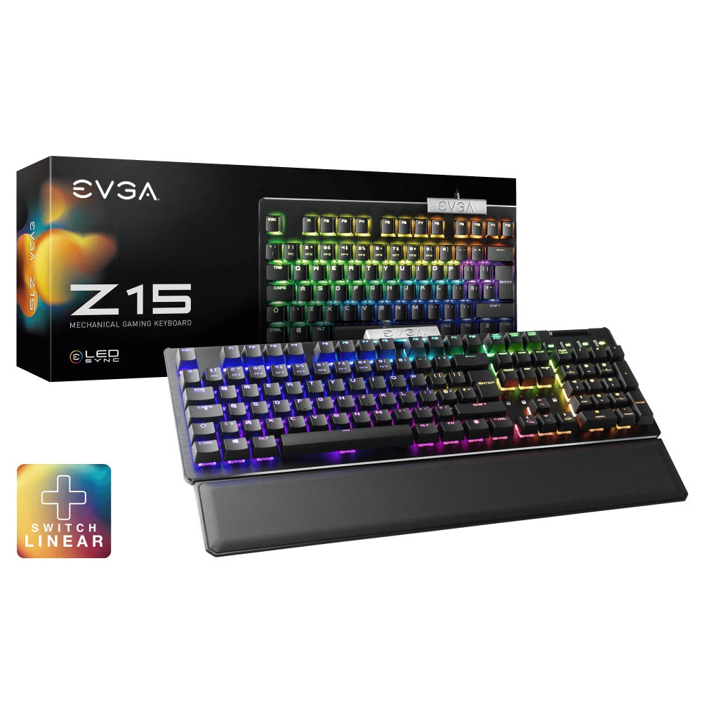 Teclado Gamer EVGA Z15 RGB Multi Mecánico Switch Kailh Speed Bronze, Alámbrico, Reposa Muñecas Magnético, Negro (Español)